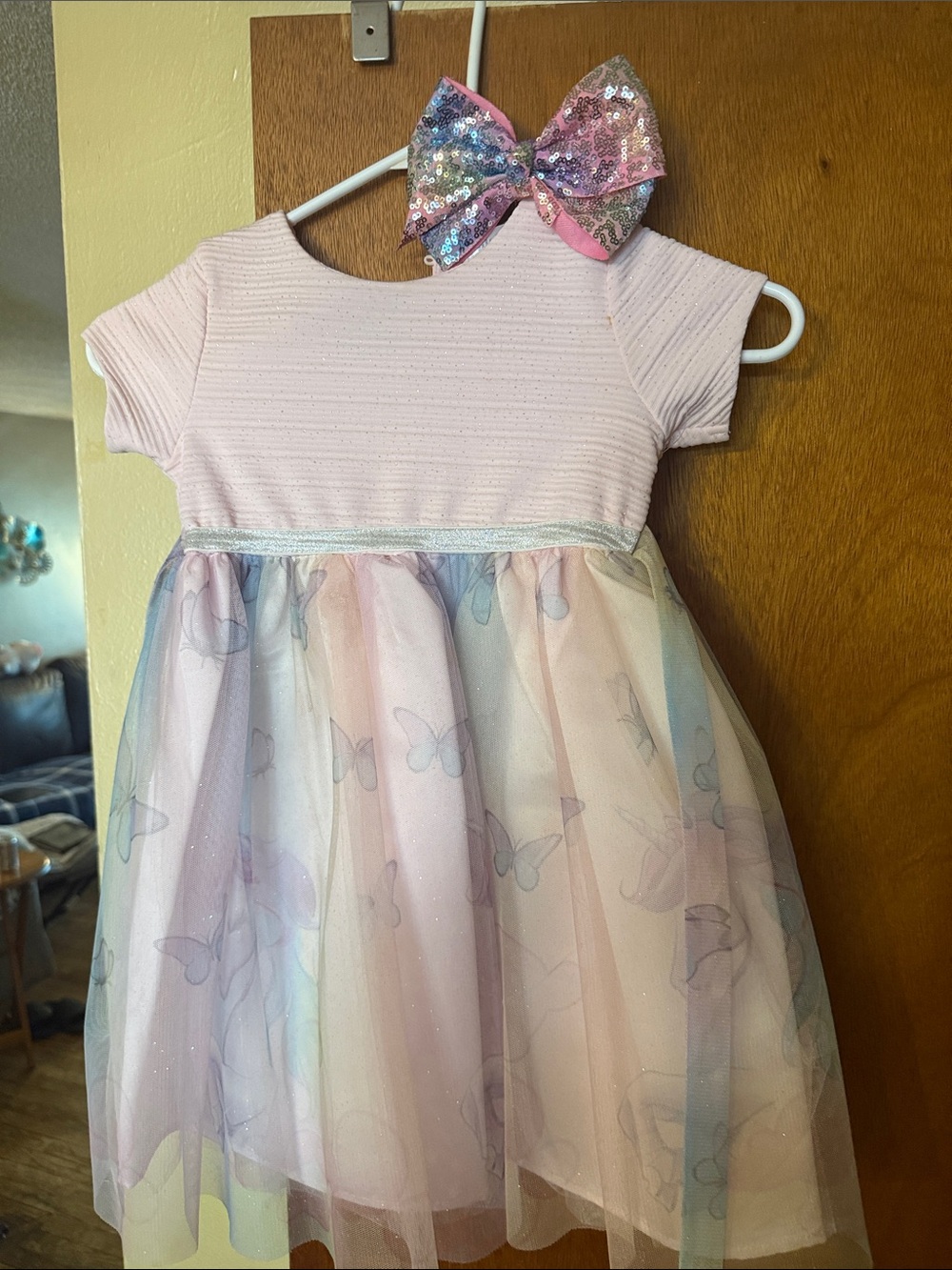 Pink Pastel Butterfly Tulle Dress with Sequin Bow